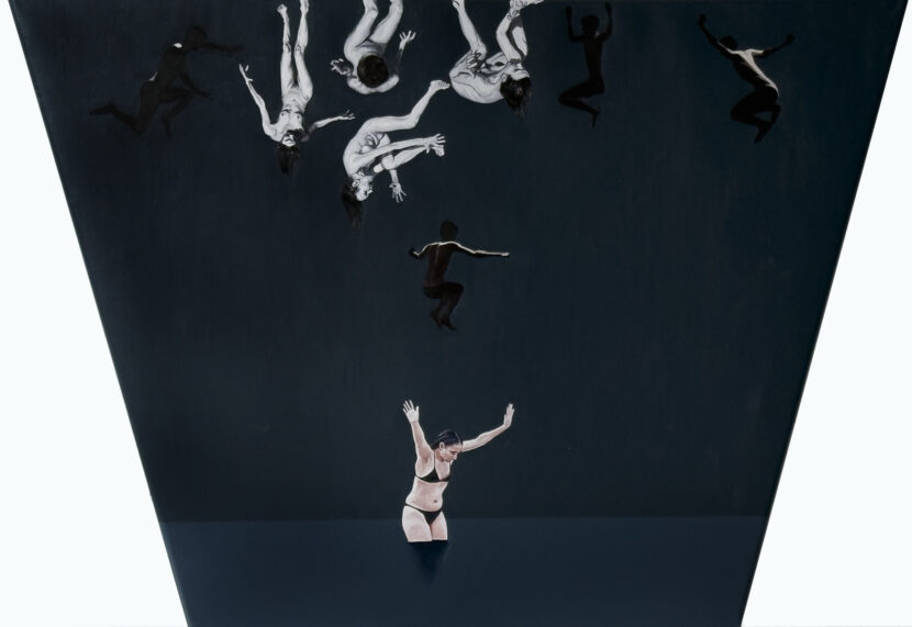 Strącenie XI, 2025, oil on canvas, trapeze 70x100x60 cm