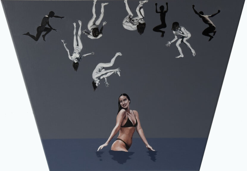 Strącenie XIII, 2025, oil on canvas, trapeze 70x100x60 cm